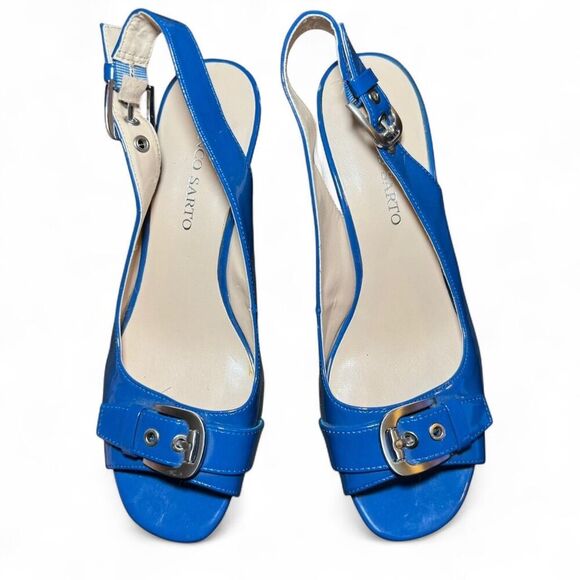 Franco Sarto Blue Buckle Peep Toe Sling-back Wedges Size 10 - Picture 4 of 7